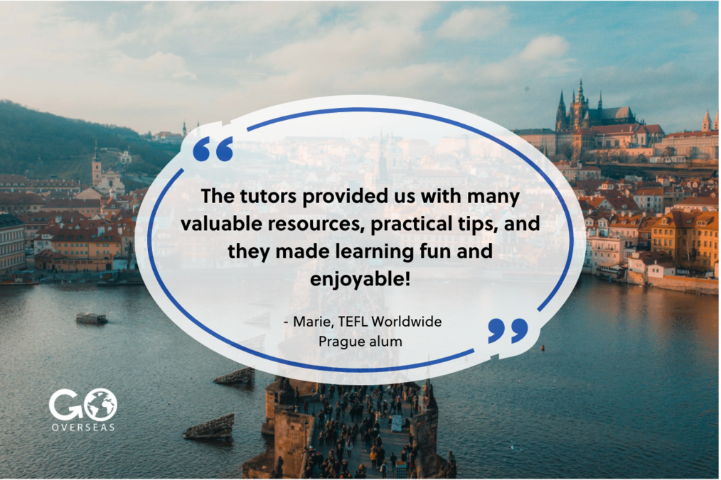 Teach in the Czech Republic with TEFL Worldwide Prague cityscape and quote from TEFL Worldwide alum